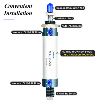 TAILONZ PNEUMATIC 25mm Bore 50mm Stroke Air Cylinder Double Action with Y Connector and 2Pcs 6mm Fitting MAL25x50