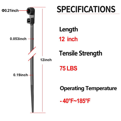 MasiStranth 200 PCS 12 inch Black Zip Ties with Screw Hole 75lbs Mountable head Cable Ties Straps Multipurpose Heavy Duty Nylon Cable Zip Ties with Screw Mounting Hole