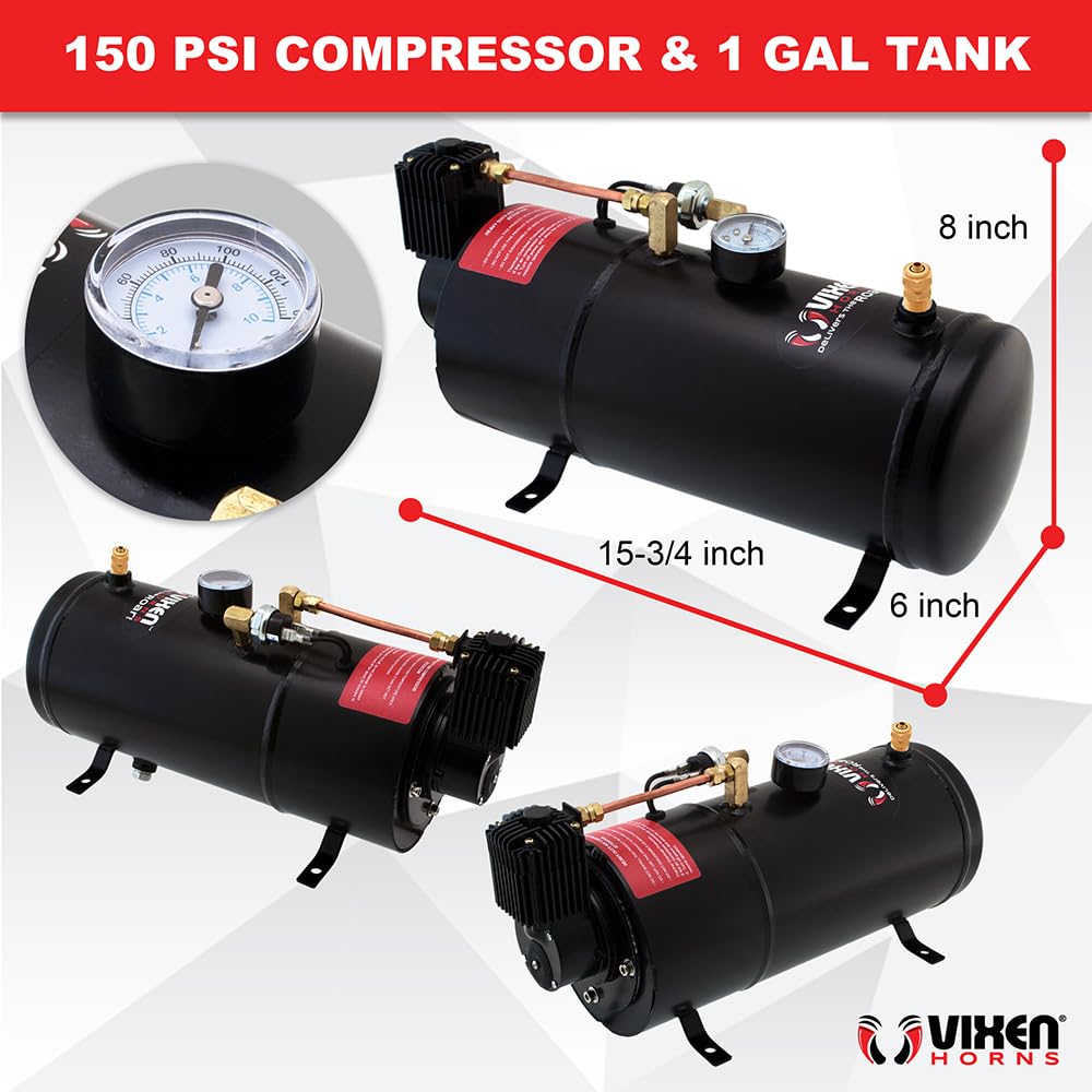 Vixen Horns Train Horn Kit for Trucks/Car/Semi. Complete Onboard System- 150psi Air Compressor, 1 Gallon Tank, 4 Trumpets. Super Loud dB. Fits Vehicles like Pickup/Jeep/RV/SUV 12v VXO8210/4124B