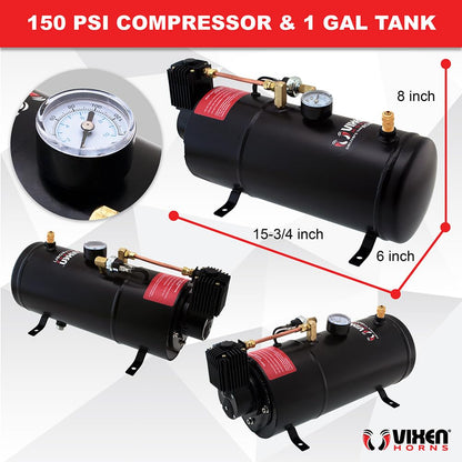 Vixen Horns Train Horn Kit for Trucks/Car/Semi. Complete Onboard System- 150psi Air Compressor, 1 Gallon Tank, 4 Trumpets. Super Loud dB. Fits Vehicles like Pickup/Jeep/RV/SUV 12v VXO8210/4124B
