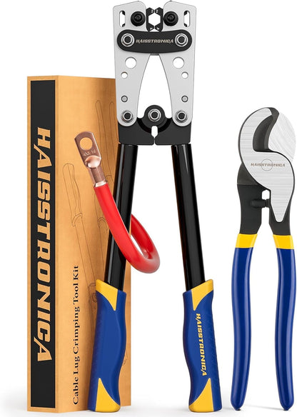 haisstronica Heavy Duty Battery Cable Crimping Tool Kit-Ratchet Hex Extended Handle Crimper for 8,6,4,2,1,1/0 AWG Copper Lugs with Cable Cutter