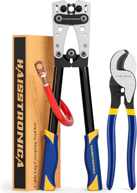haisstronica Heavy Duty Battery Cable Crimping Tool Kit-Ratchet Hex Extended Handle Crimper for 8,6,4,2,1,1/0 AWG Copper Lugs with Cable Cutter