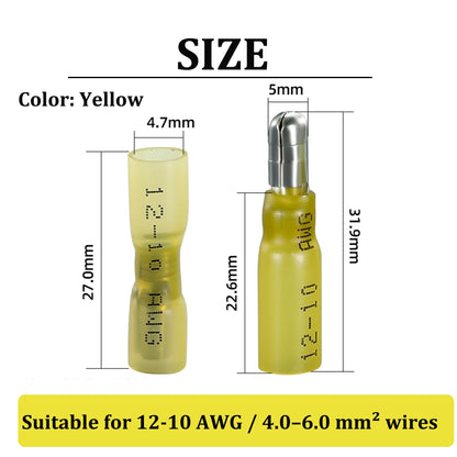 200PCS Heat Shrink Bullet Connectors, Bullet Terminals, Female and Male Crimp Connectors for Watercraft, Electronics, Automotive AWG12-10-Yellow