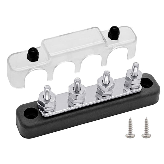 4 x #10 (M5) Studs Bus Bar, Ampper 4.2" Ground Distribution Block Brass Battery BusBar Junction with Cover for Auto Boat Amplifier and More (Black)