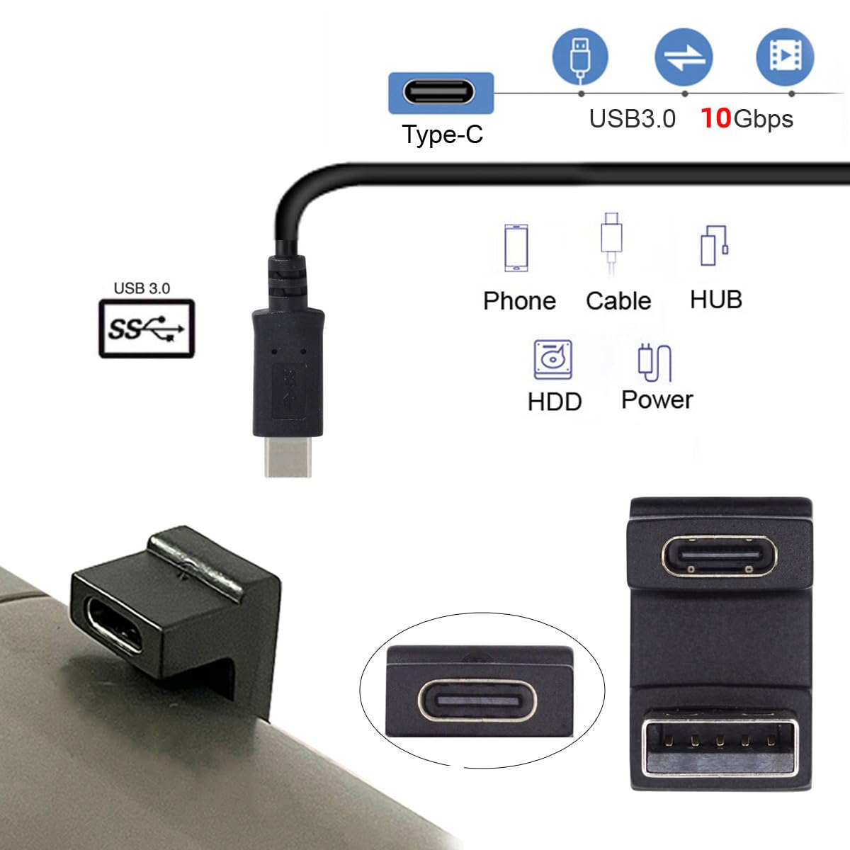 CY USB-C Type C Female Up Opposite U Shape Back Angled to USB 3.0 A Male Data Adapter for Laptop Desktop