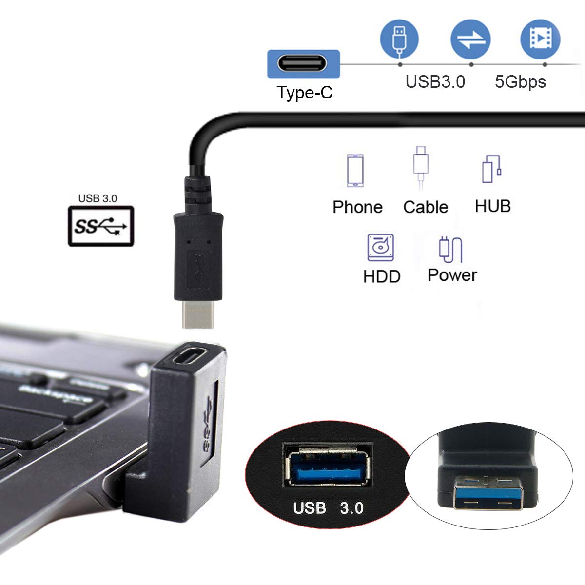 CY USB-C Type C Female 90 Degree Down Angled to USB 3.0 A Male Data Adapter for Laptop Desktop