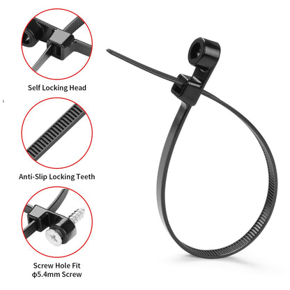 MasiStranth 200 PCS 12 inch Black Zip Ties with Screw Hole 75lbs Mountable head Cable Ties Straps Multipurpose Heavy Duty Nylon Cable Zip Ties with Screw Mounting Hole