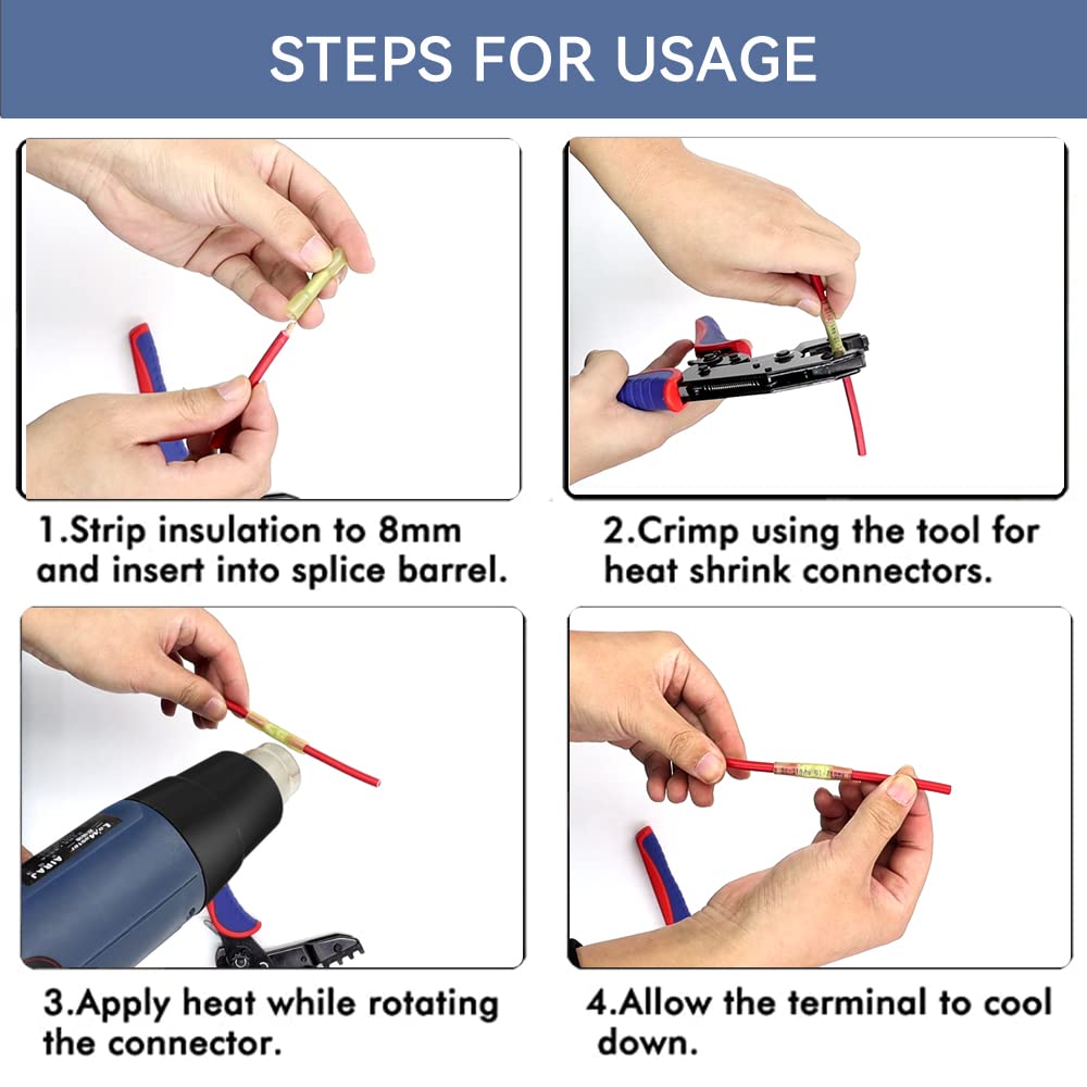 HKS 200 PCS Blue Heat Shrink Butt Connector 16-14 AWG - Electrical Connectors - Tinned Red Copper 0.8mm - Automotive Marine Stereo Boat Crimp - Waterproof and Insulated