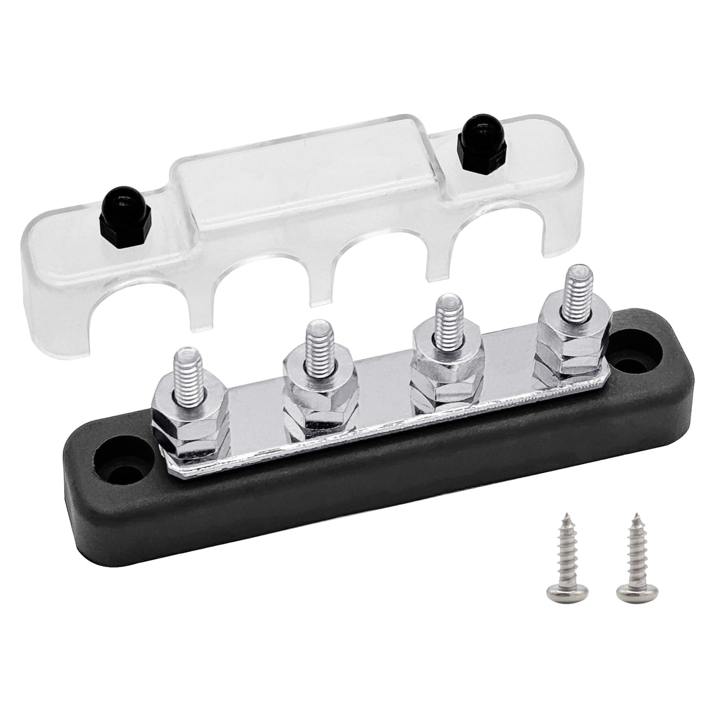 4 x #10 (M5) Studs Bus Bar, Ampper 4.2" Ground Distribution Block Brass Battery BusBar Junction with Cover for Auto Boat Amplifier and More (Black)