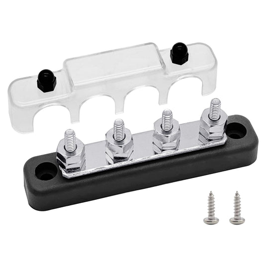 4 x #10 (M5) Studs Bus Bar, Ampper 4.2" Ground Distribution Block Brass Battery BusBar Junction with Cover for Auto Boat Amplifier and More (Black)