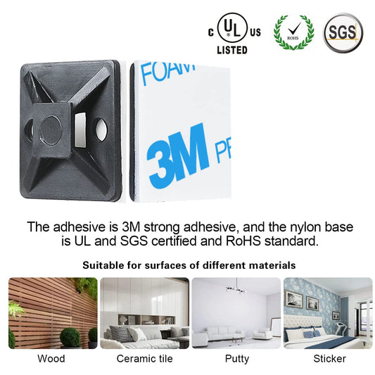 3/4" 3M Back-Glue Self Adhesive White Strong Cable Zip Tie Mounts 100pcs with 8" Ties, Screws, Outdoor Sticky Wire Fasteners Cable Clips Management Anchors Organizer Holders Squares