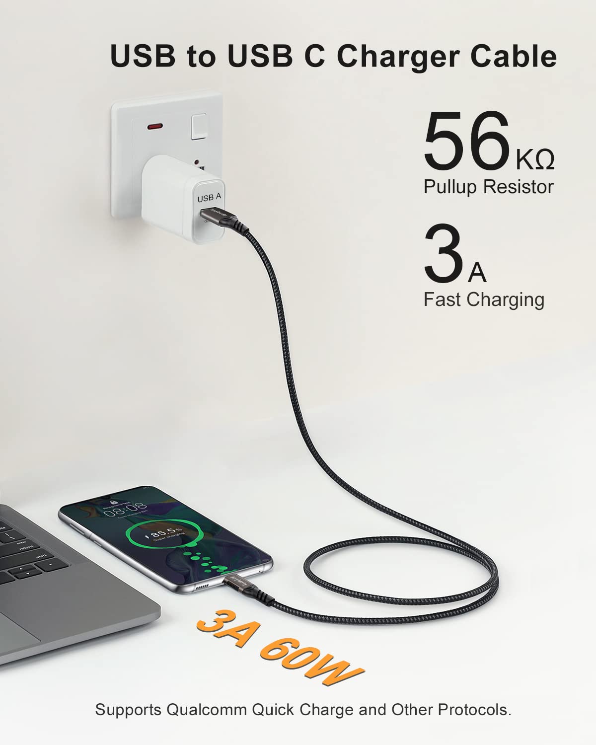 USB A to USB C Cable 6.6ft, 10Gbps Data Transfer and 60W 3A Fast Charging Cable, USB C 3.1/3.2 Cable for Android Auto Samsung S21/S20/S10/Note 20, iPad Pro, Sony XZ, LG Other Type-C Devices