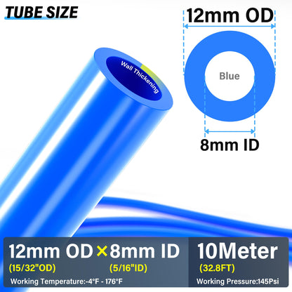 TAILONZ PNEUMATIC 12mm OD 8mm ID Polyurethane PU Air Hose Pipe Tube Kit 10 Meter 32.8ft