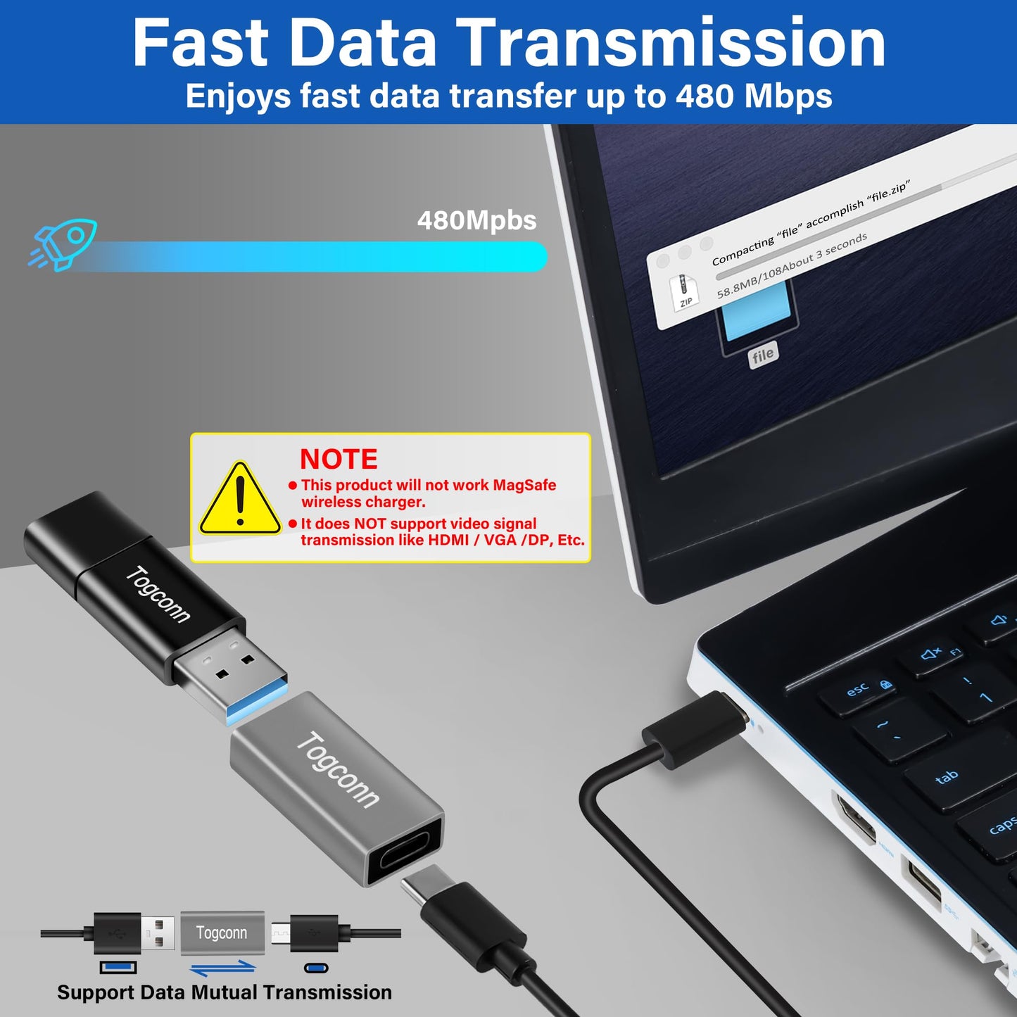 Togconn USB C to USB 3.0 Adapter (2 Pack),USB Type-C (Female) to USB A (Female) Coupler Convert,Bi-Directional High Speed USB Extension Connector Support Charge & Data Sync