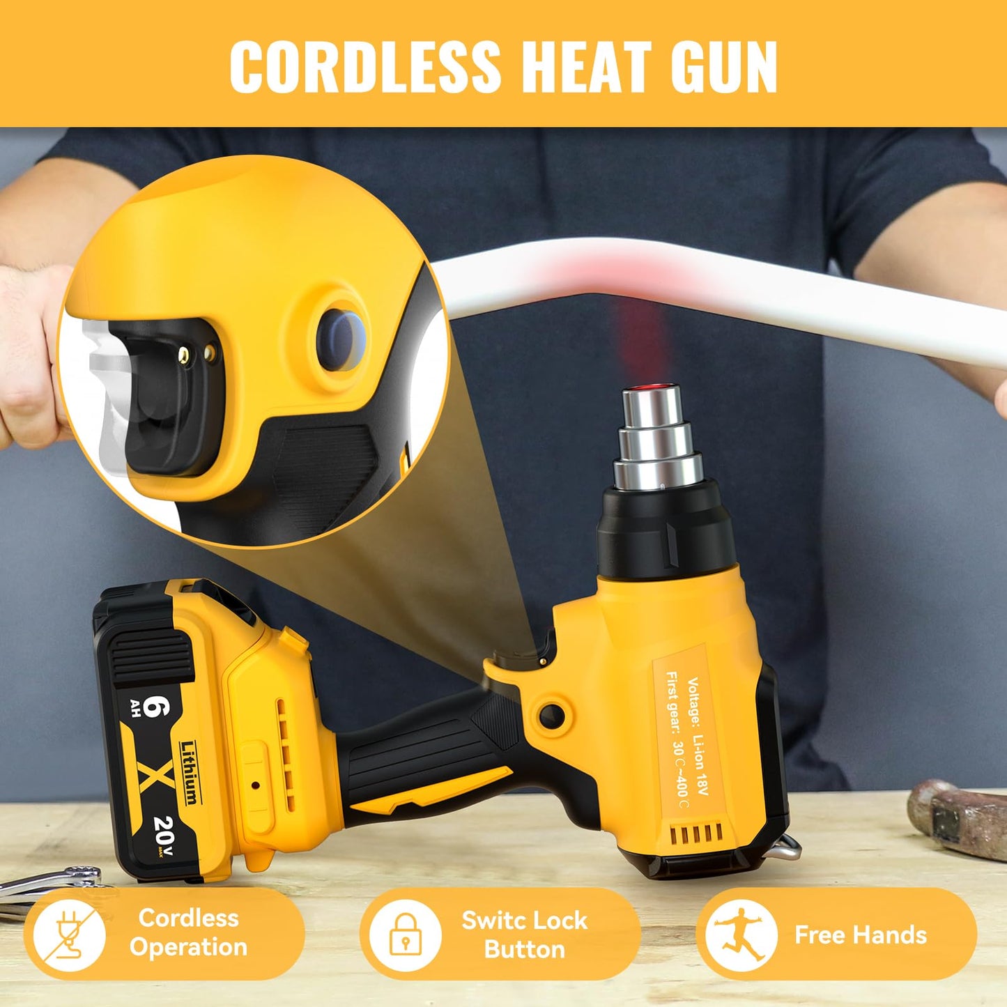 Cordless Heat Gun for Dewalt 20V Battery, 350W,LED Light,Fast Heating Soldering Hot Air Gun 122℉-1022℉ Variable Temperature Control with 4pcs Nozzles&Scraper for Crafts, Shrink Wrap(NO Battery)