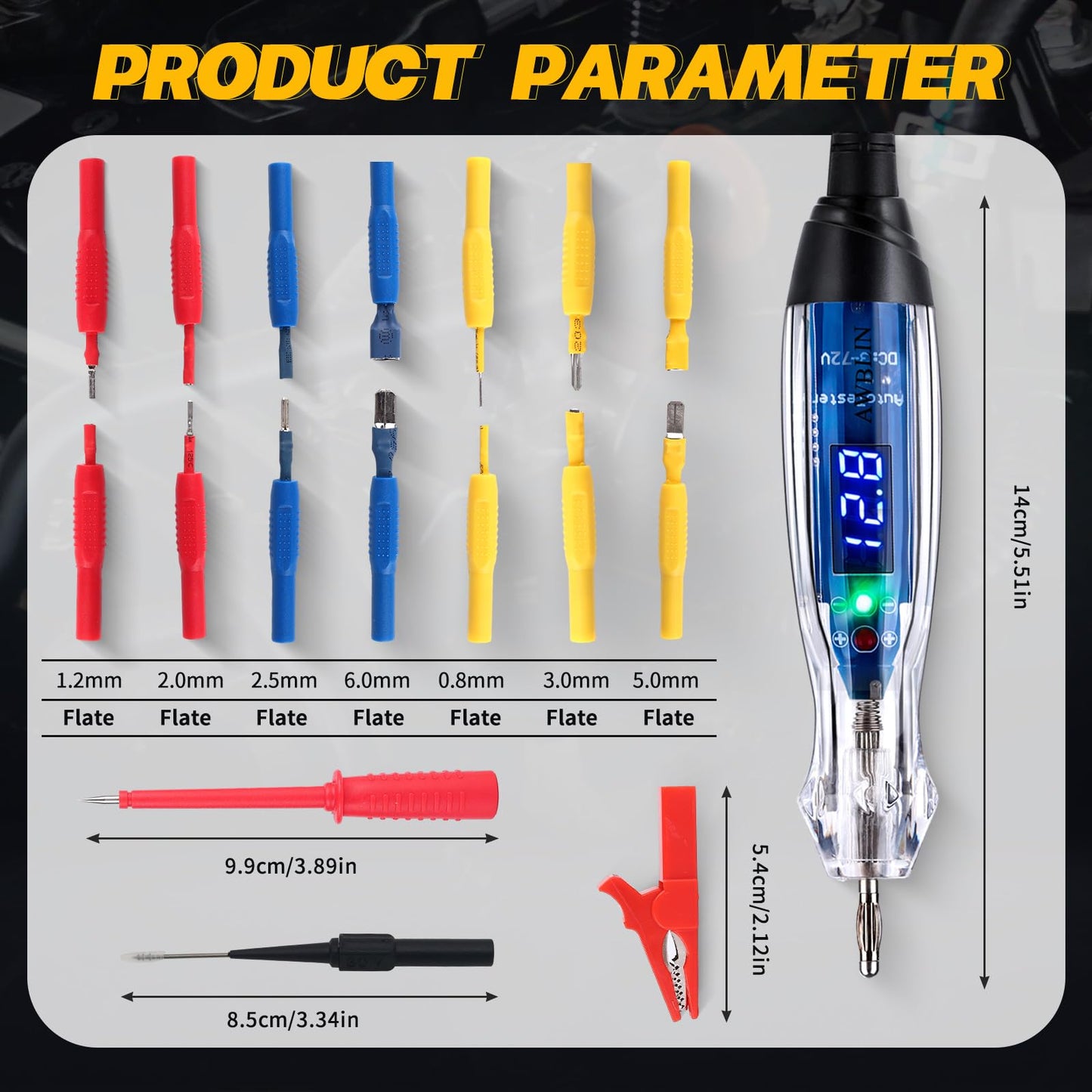AWBLIN Test Light Probe Kit, 3-72V DC LED Digital Automotive Circuit Tester with Voltmeter, 18 Pieces Multi Function Auto Fuse Voltage Tester Electric Probe Test Kit with Black Carrying Case