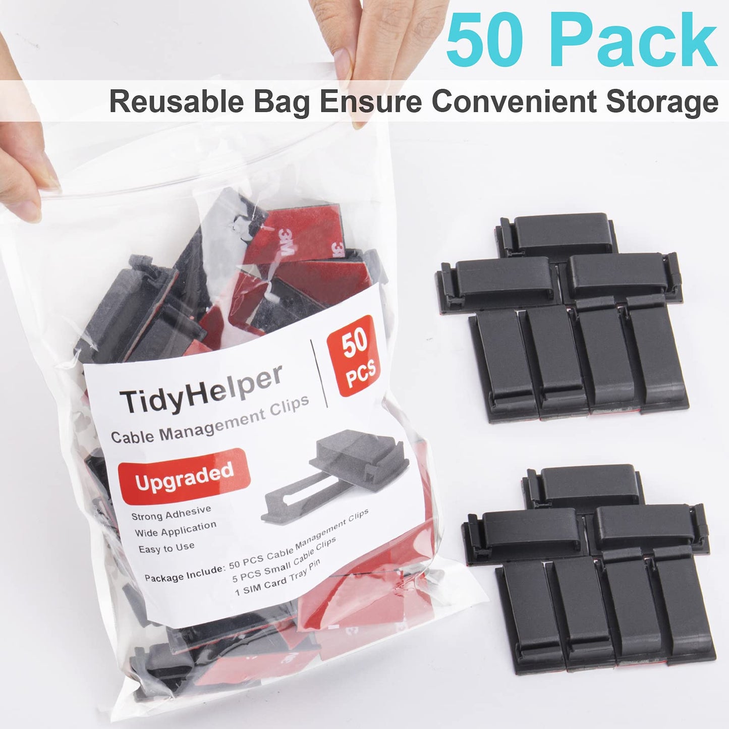 50 PCS Black Cable Clips - Large Cord Organizers for Under Desk Cable Wire Management, Adhesive Holder Clips for Multiple Cord Management
