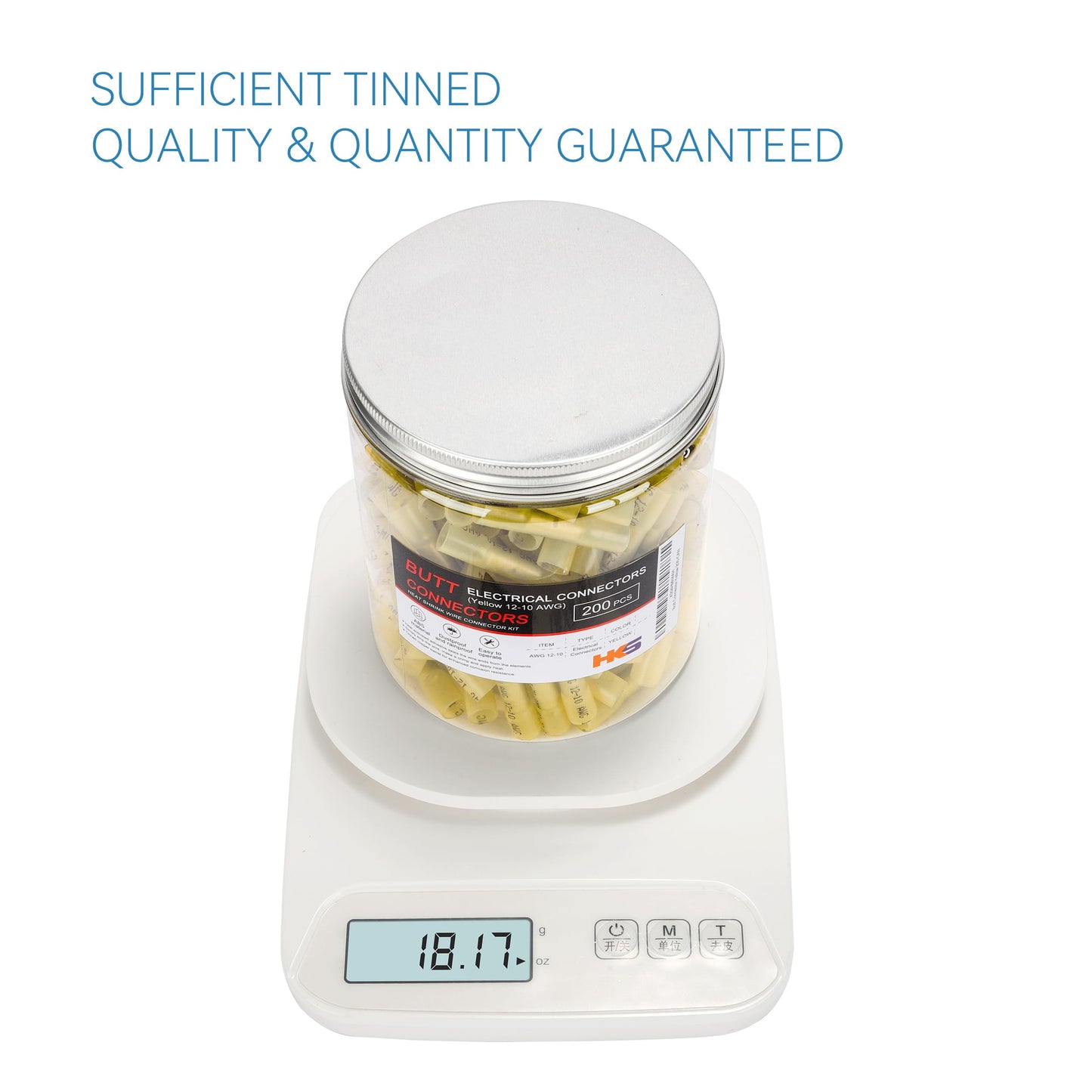 HKS 200 PCS Yellow Heat Shrink Butt Connector 12-10 AWG - Electrical Connectors - Tinned Red Copper 1mm - Automotive Marine Stereo Boat Crimp - Waterproof and Insulated