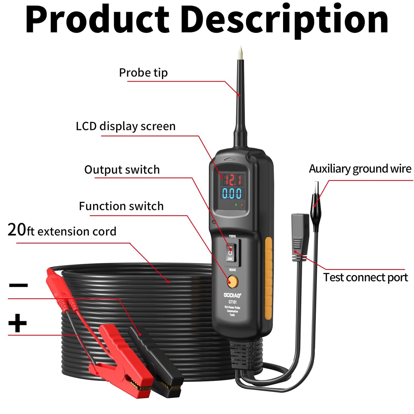 Multifunctional Power Circuit Probe Tester DC Voltage 12V to 40V, 20FT Extension Wire, Grounding Testing, Component Activation, Short Circuit Positioning, Continuity Testing