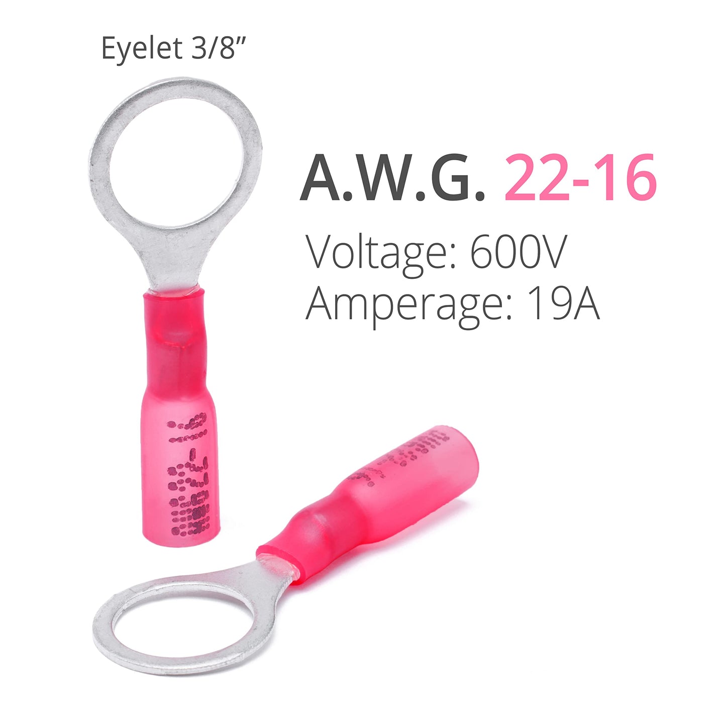 Wirefy 150 PCS Heat Shrink Ring Terminals 3/8" - a Resistant Ring Connectors - Eyelet Wire Connectors - Red 22-16 AWG