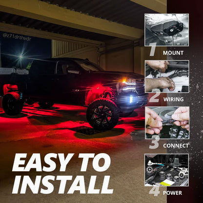 OPT7 Quantum Pro RGBW LED Rock Lights with Bluetooth APP and Remote Control, 4 Pods Wide Angle Multicolor Neon Underglow Lighting Kit with Extension Wire, IP68 Waterproof for Offroad Truck ATV UTV SUV