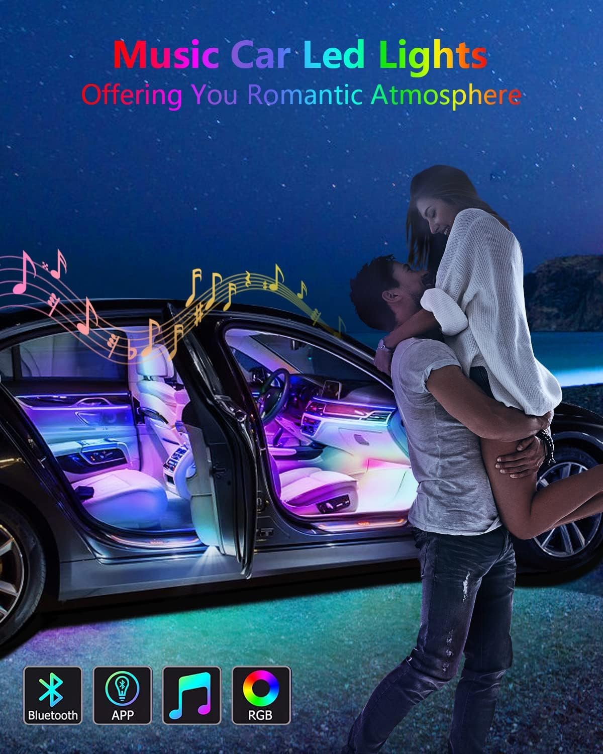 YM E-Brightt RGB LED Strip Lights for Car App Control with Remote Led Lights car Interior with Charger Music Sync Under Dash Footwell Neon Lighting Kit w/USB Cable DC 12V
