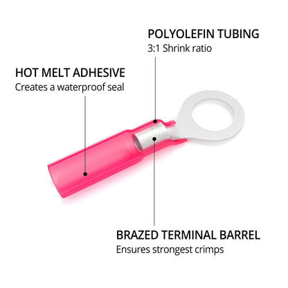 Wirefy 150 PCS Heat Shrink Ring Terminals 5/16" - a Resistant Ring Connectors - Eyelet Wire Connectors - Red 22-16 AWG