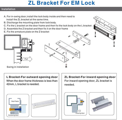 Electromagnetic Lock with Z and L Bracket 1200LBS 500KG Holding Force Electric Magnetic Door Lock 12V Fail Safe NC Mode for Access Control System