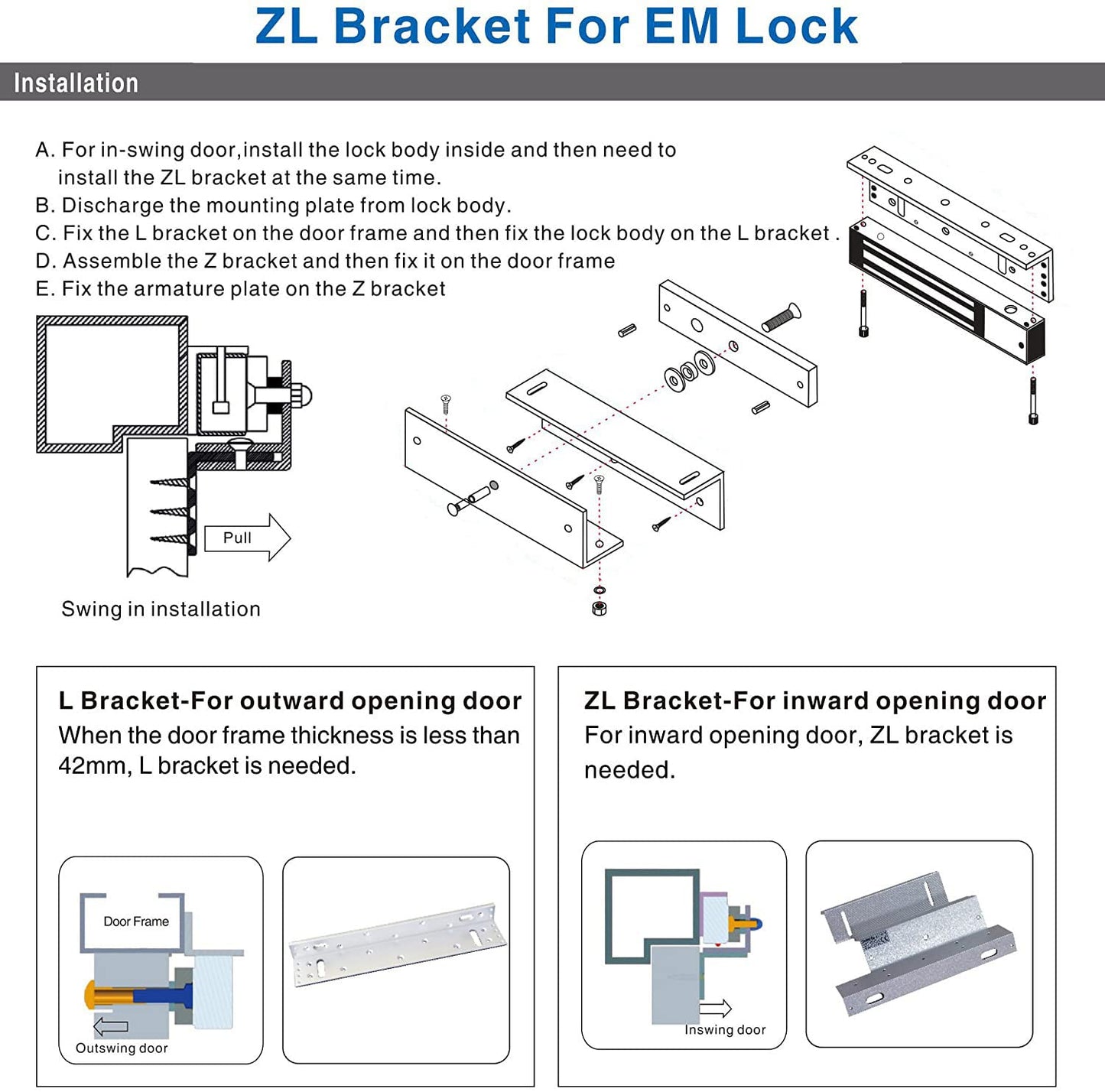 Z and L Bracket for 280KG 600LBS Holding Force Electromagnet Lock Single Door Access Control Electric Magnetic Door Lock