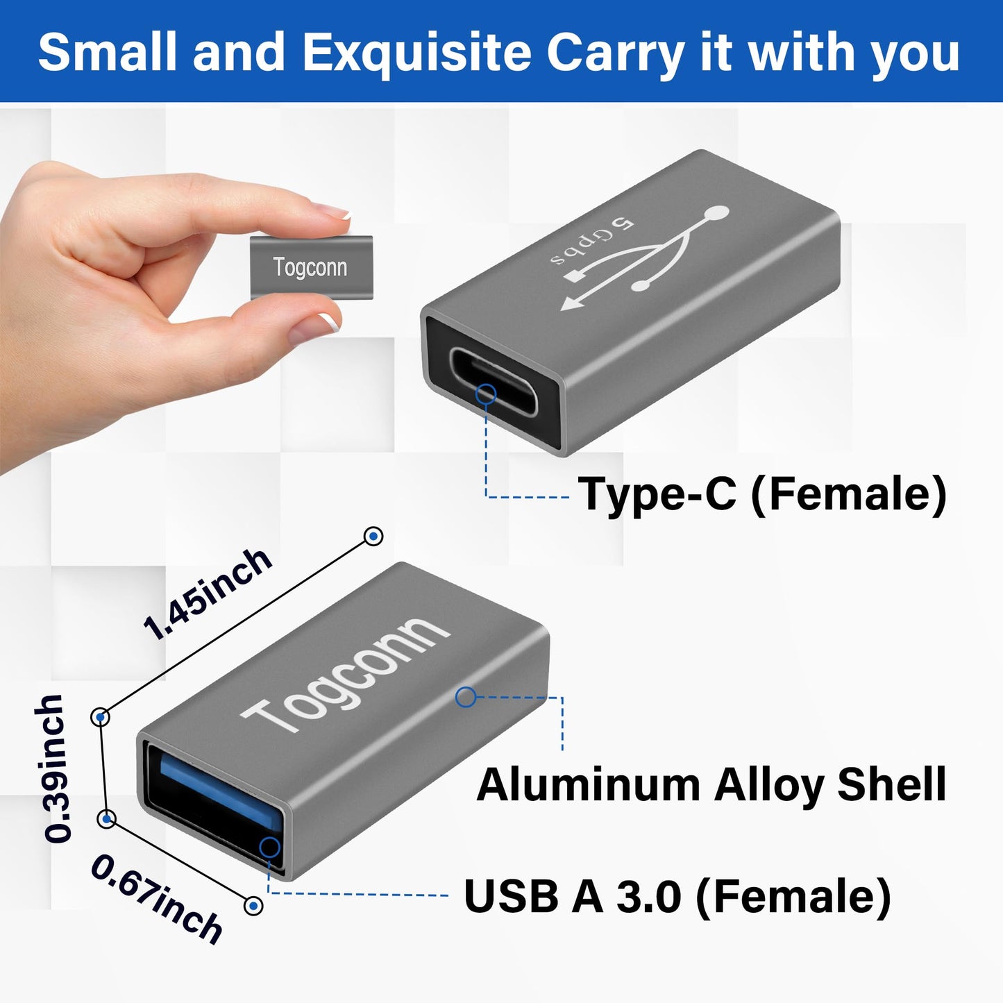 Togconn USB C to USB 3.0 Adapter (2 Pack),USB Type-C (Female) to USB A (Female) Coupler Convert,Bi-Directional High Speed USB Extension Connector Support Charge & Data Sync
