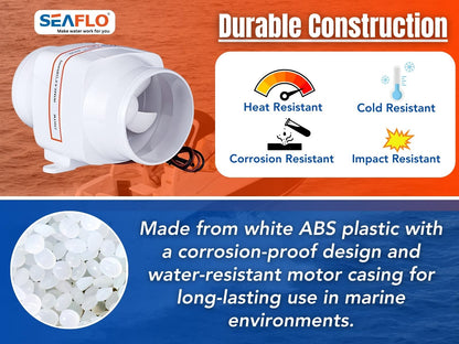 SEAFLO 4" In-Line Marine Bilge Air Blower 12V 270 CFM Quiet Boat White