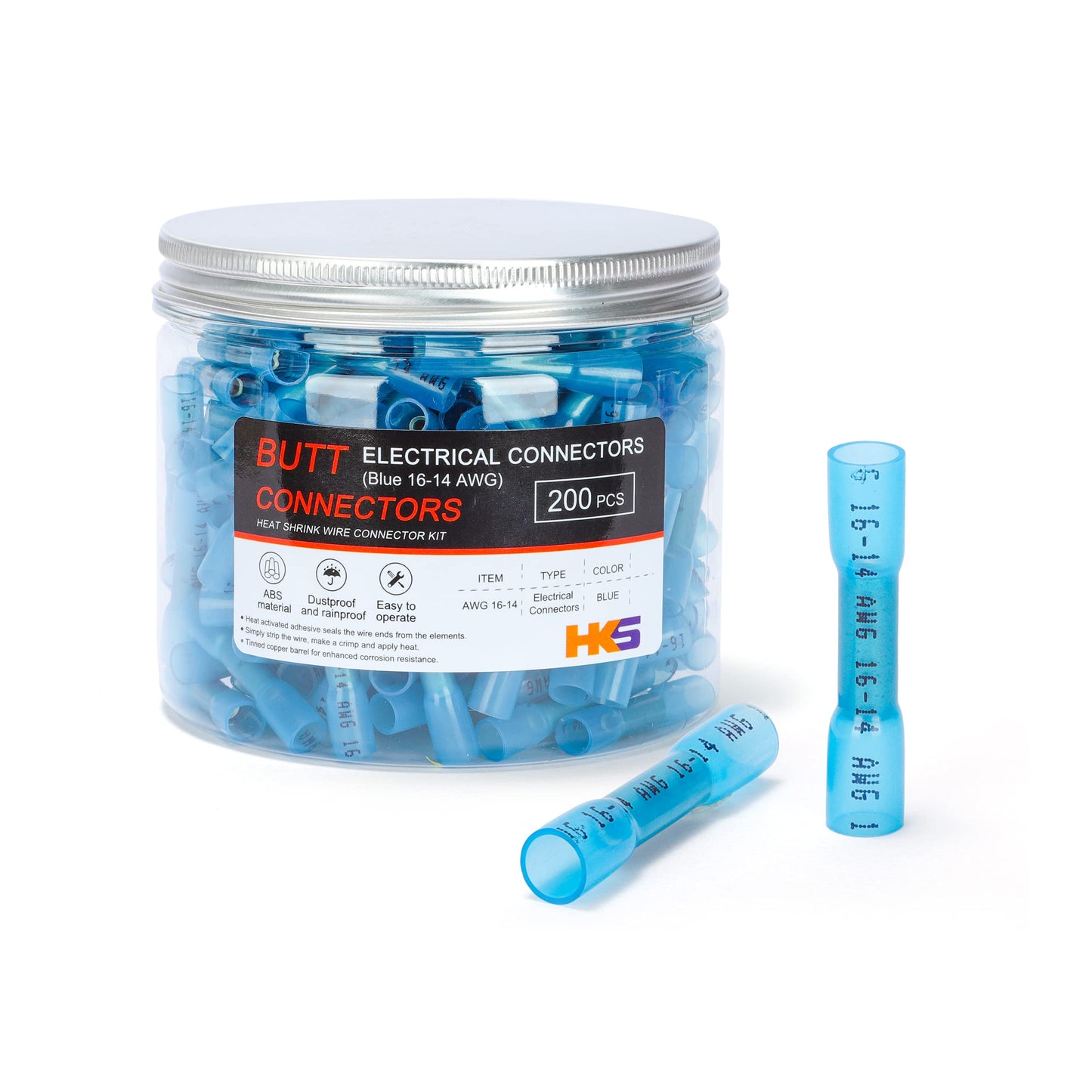 HKS 200 PCS Blue Heat Shrink Butt Connector 16-14 AWG - Electrical Connectors - Tinned Red Copper 0.8mm - Automotive Marine Stereo Boat Crimp - Waterproof and Insulated