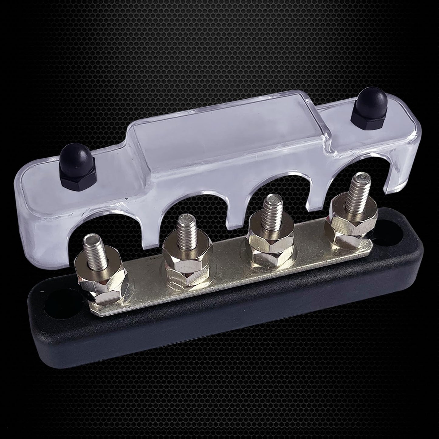 4 x #10 (M5) Studs Bus Bar, Ampper 4.2" Ground Distribution Block Brass Battery BusBar Junction with Cover for Auto Boat Amplifier and More (Black)