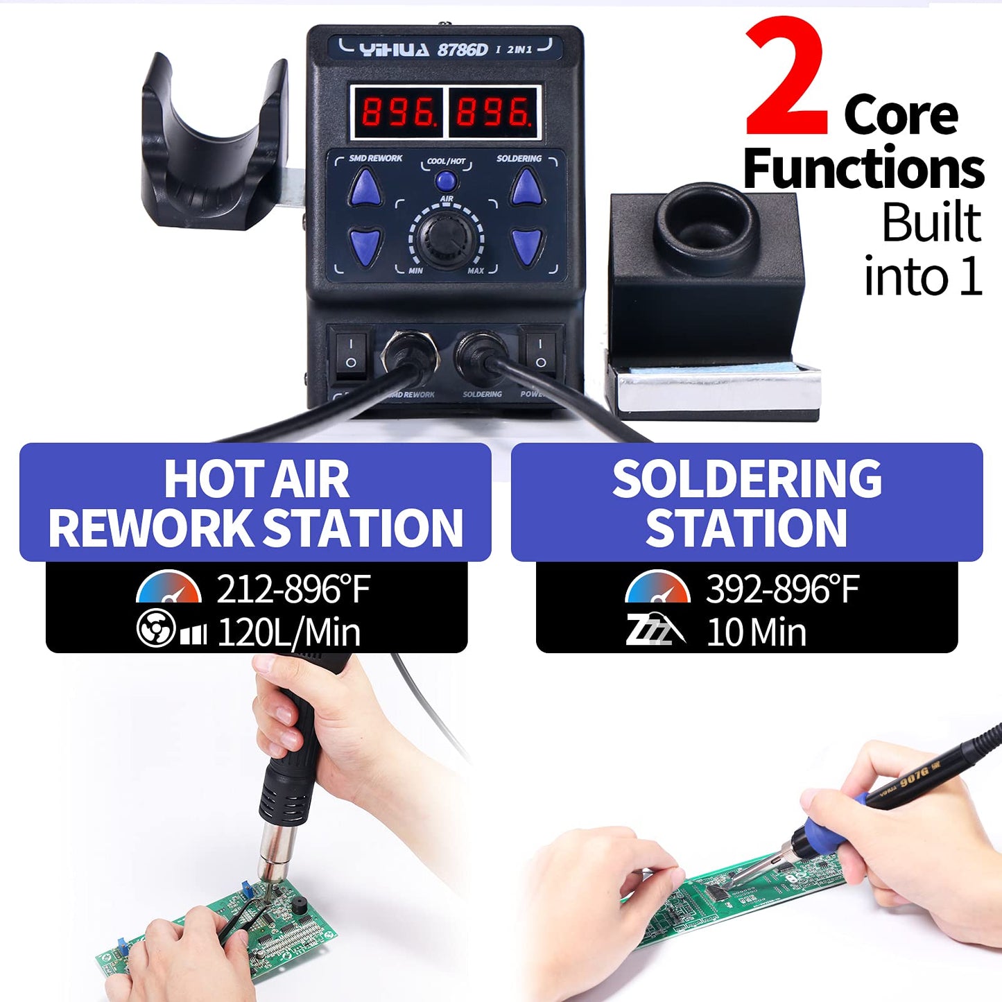 YIHUA 8786D I 2 in 1 Hot Air Rework and Soldering Iron Station with °F /°C, Cool/Hot Air Conversion, Digital Temperature Correction and Sleep Function