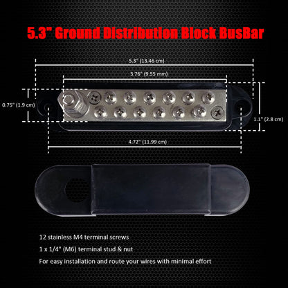 1/4" Stud & 12 x #8 Terminal Screws Ground Distribution Block Bus Bar, Ampper 5.3" 12V Nickle Plated Brass Battery BusBar Junction W/Cover for Auto Boat Solar and More (Black)