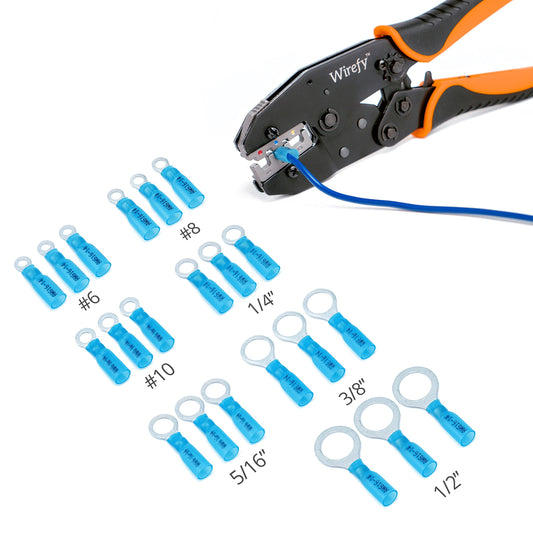 Wirefy 130 PCS Heat Shrink Ring Terminals 5/16" - a Resistant Ring Connectors - Eyelet Wire Connectors - Blue 16-14 AWG