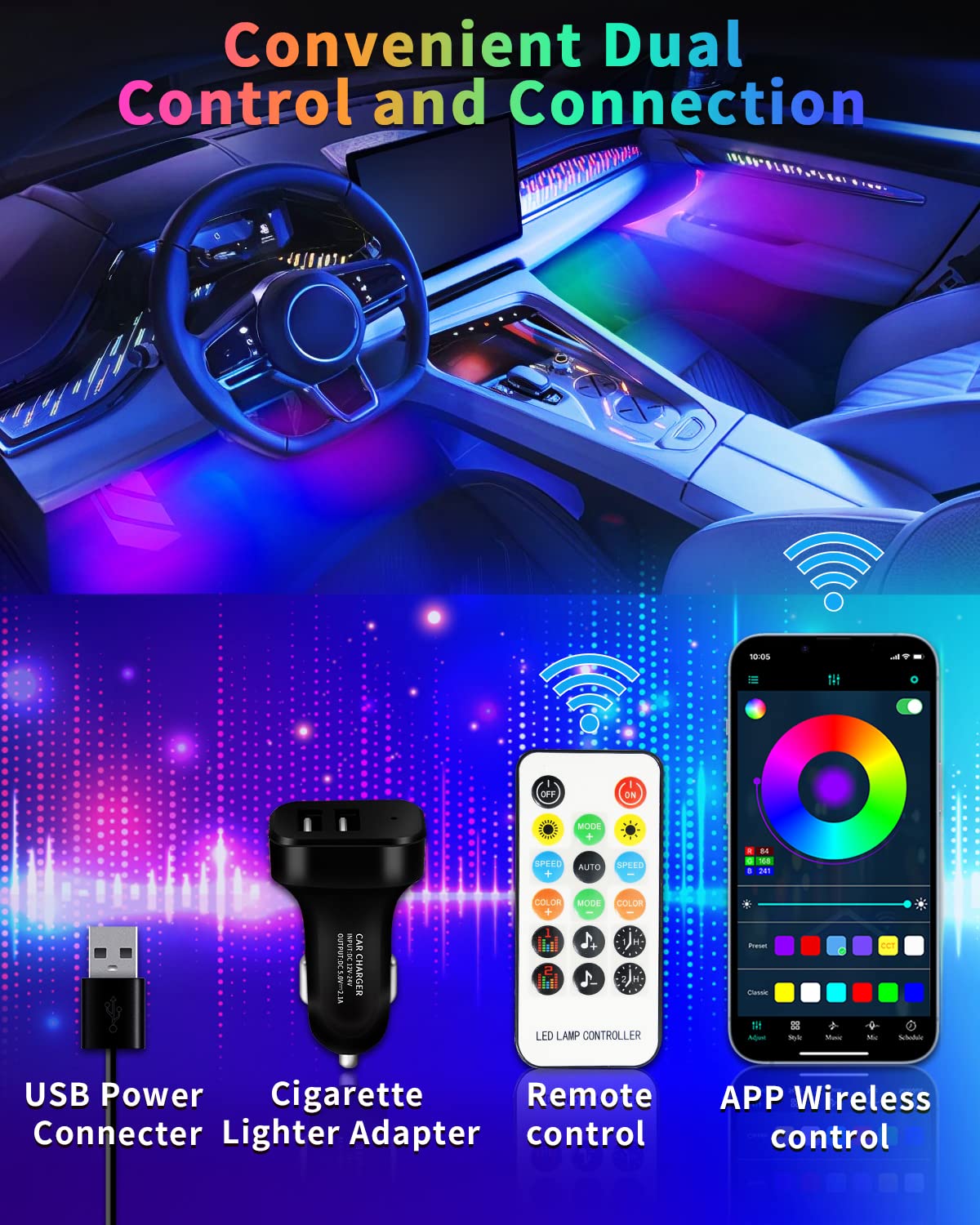 YM E-Brightt RGB LED Strip Lights for Car App Control with Remote Led Lights car Interior with Charger Music Sync Under Dash Footwell Neon Lighting Kit w/USB Cable DC 12V