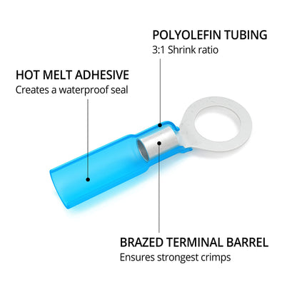 Wirefy Heat Shrink Ring Terminals #10 - Marine Grade Terminal Connectors - Waterproof Eyelet Wire Connectors - Red 16-14 AWG - 130 PCS | Heat Shrink Wire Connectors and Ring Terminal Kit