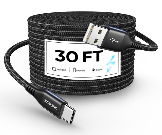 AZPPANXI 30FT USB C Cable, Extra Long USB A to USB Type C Charger Cord High-Grade Nylon Braided Charger Cord Type-C Power Wire for Security Camera/USB-C Phone/Tablet/PS5/Switch (No Data Transfer)