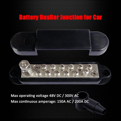 1/4" Stud & 12 x #8 Terminal Screws Ground Distribution Block Bus Bar, Ampper 5.3" 12V Nickle Plated Brass Battery BusBar Junction W/Cover for Auto Boat Solar and More (Black)