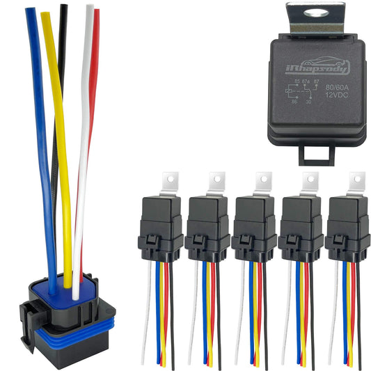 iRhapsody 12V, 80/60A Waterproof Relay, 5 Pin Automotive, SPST 12-Volt Auto Relay with Pigtail