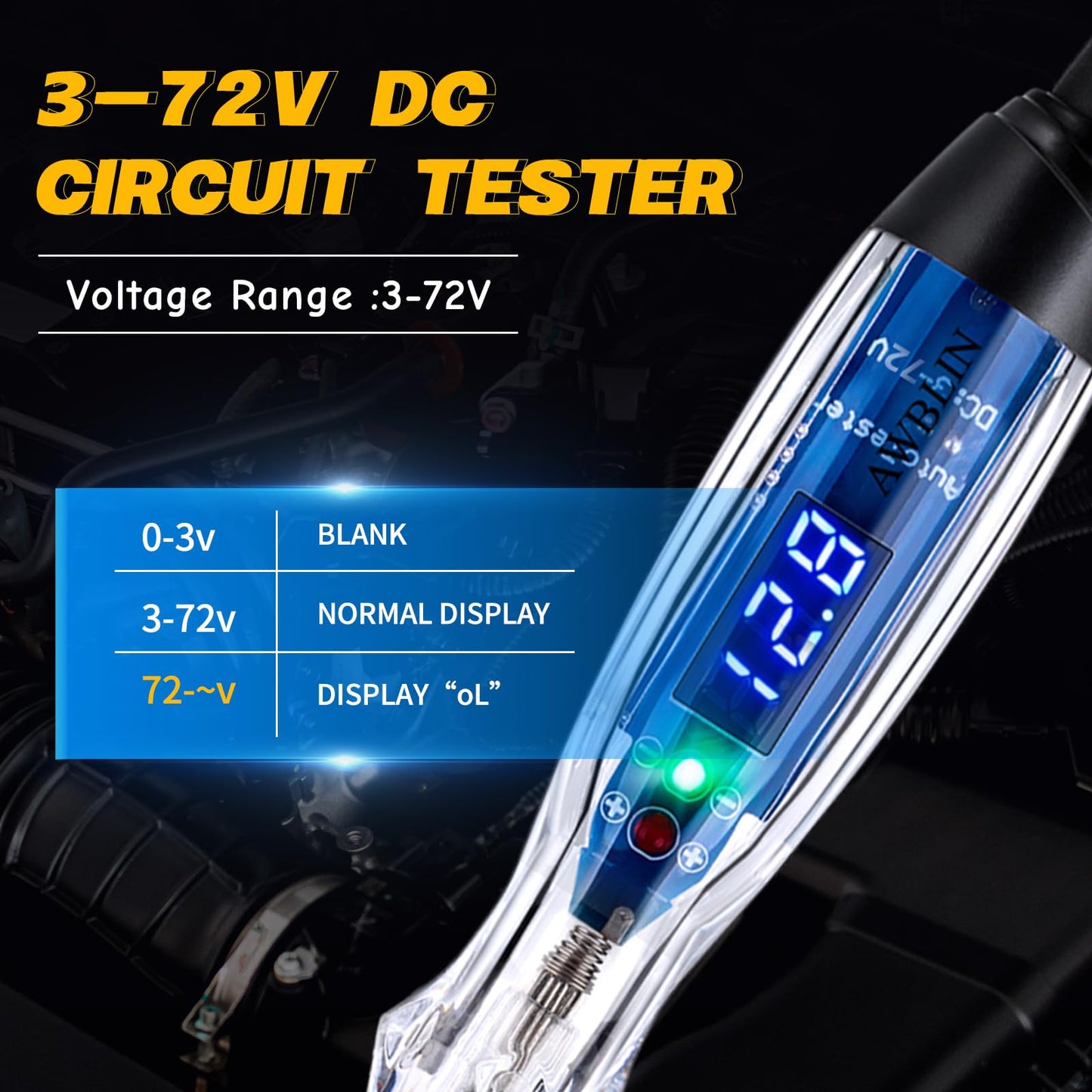 AWBLIN Test Light Probe Kit, 3-72V DC LED Digital Automotive Circuit Tester with Voltmeter, 18 Pieces Multi Function Auto Fuse Voltage Tester Electric Probe Test Kit with Black Carrying Case