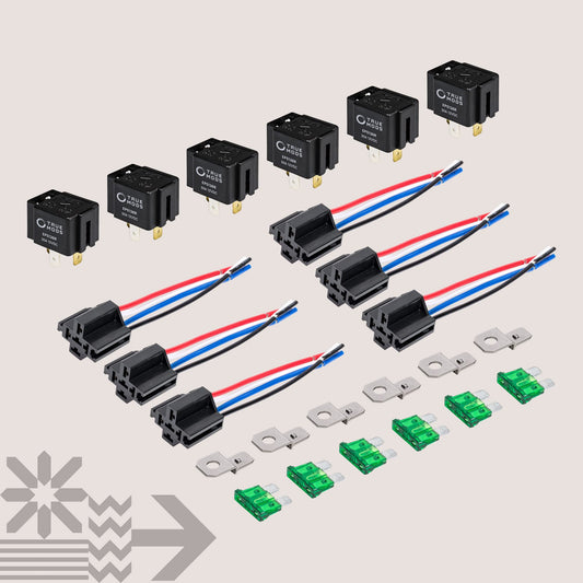 True MODS 6 Pack 4-Pin 12V Bosch Style Fused Relay Switch Kit [Interlocking Harness Socket Holder] [14 AWG Hot Wires] [SPST] [30 Amp] 12 Volt Automotive relays with Fuse for Auto Cars