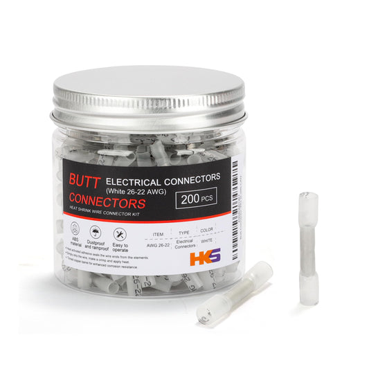 HKS 200 PCS Heat Shrink Butt Connector White 26-22 AWG - Electrical Connectors - Tinned Red Copper 0.5mm - Automotive Marine Stereo Boat Crimpr - Waterproof and Insulated