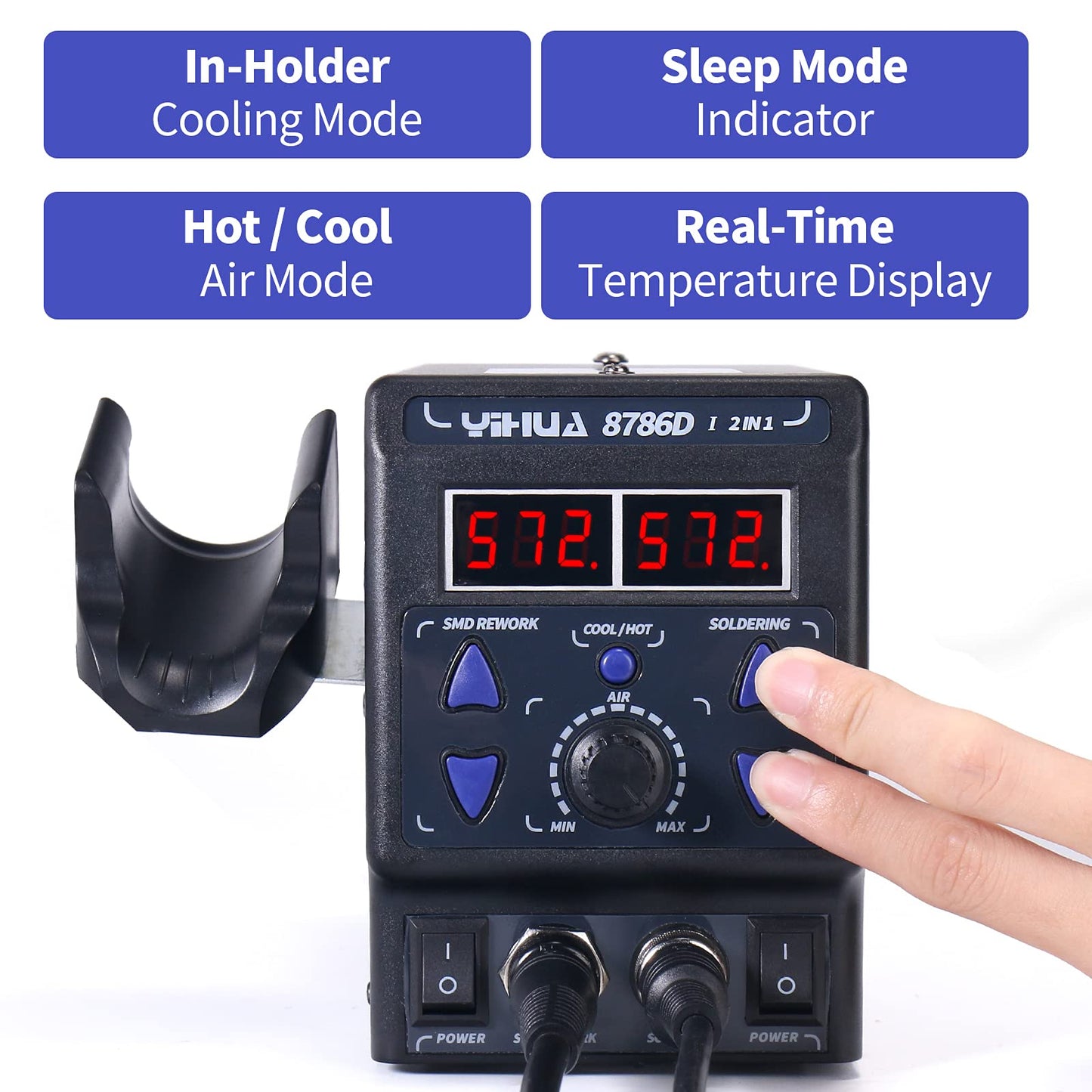 YIHUA 8786D I 2 in 1 Hot Air Rework and Soldering Iron Station with °F /°C, Cool/Hot Air Conversion, Digital Temperature Correction and Sleep Function