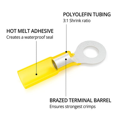 Wirefy 90 PCS Heat Shrink Ring Terminals 1/4" - a Resistant Ring Connectors - Eyelet Wire Connectors - Yellow 10-12 AWG