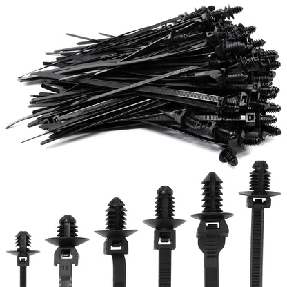 SWZHAI 120 PCS Push Mount Zip Ties, Nylon Car Mount Wire Tie Snap in Cable Zip Ties, Black Push Mount Cable Ties Automotive Zips Tie Fastener Wire Harness Clips for Wire Tying (6-Types)