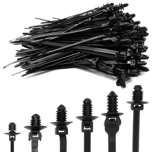 SWZHAI 120 PCS Push Mount Zip Ties, Nylon Car Mount Wire Tie Snap in Cable Zip Ties, Black Push Mount Cable Ties Automotive Zips Tie Fastener Wire Harness Clips for Wire Tying (6-Types)