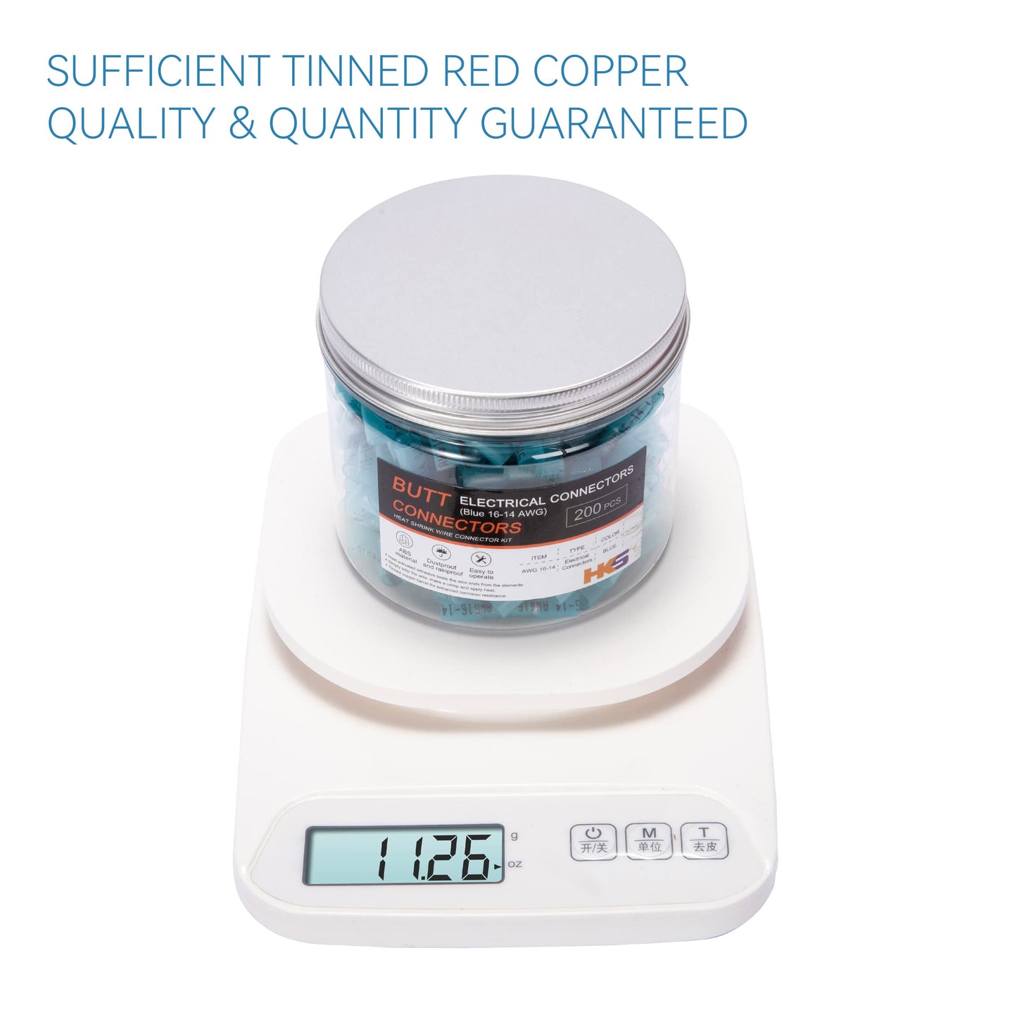 HKS 200 PCS Blue Heat Shrink Butt Connector 16-14 AWG - Electrical Connectors - Tinned Red Copper 0.8mm - Automotive Marine Stereo Boat Crimp - Waterproof and Insulated