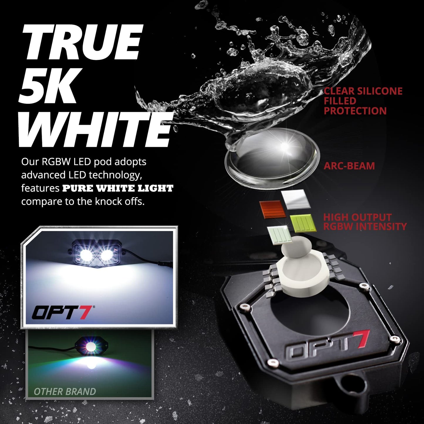 OPT7 Quantum Pro RGBW LED Rock Lights with Bluetooth APP and Remote Control, 4 Pods Wide Angle Multicolor Neon Underglow Lighting Kit with Extension Wire, IP68 Waterproof for Offroad Truck ATV UTV SUV